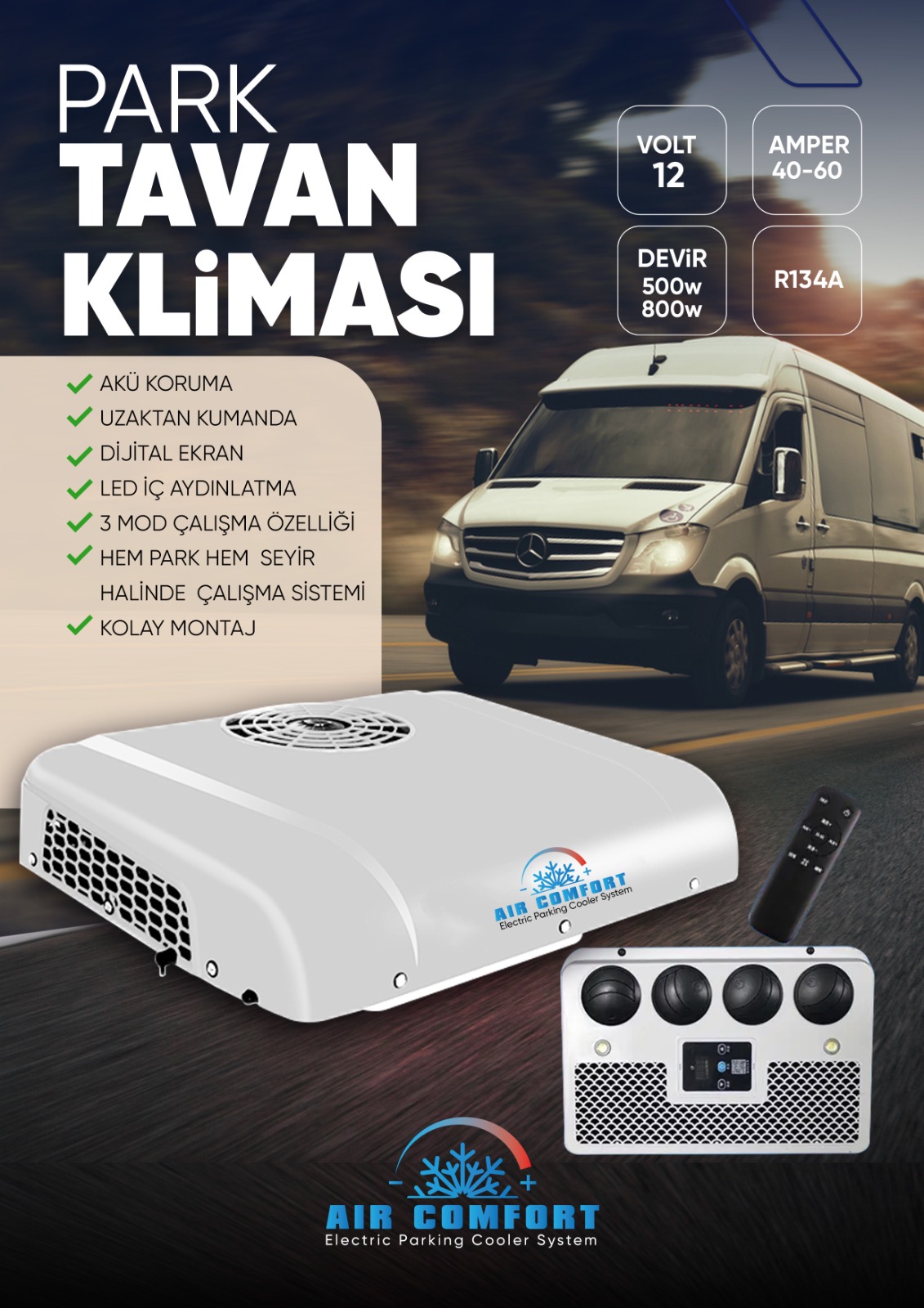 TAVAN PARK KLİMA SETİ 12V DİJİTAL EKRAN KUMANDALI LEDLİ 4 ÜFLEMELİ